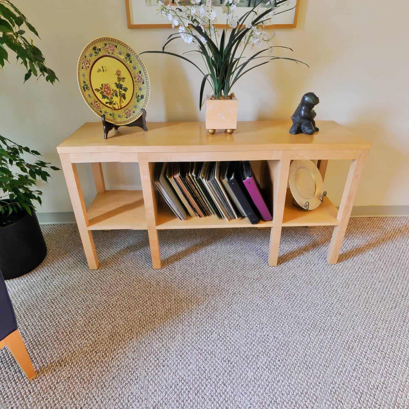 A wooden console table holding a decorative plate, a potted plant, a black figurine, and several vinyl records. A framed picture is hung above the table.