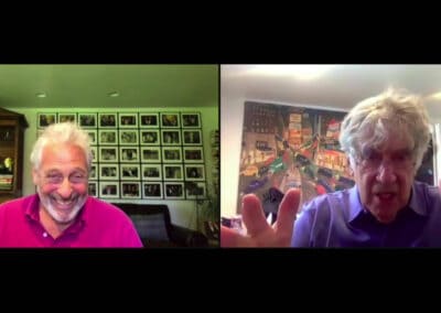 ElliottGould A man and a woman in a video chat.