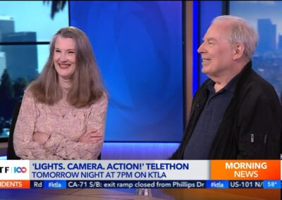 Annette O’Toole and Michael McKean preview MPTF telethon KTLA.mp4_snapshot_04.34.596 A man and woman are sitting on a television set.