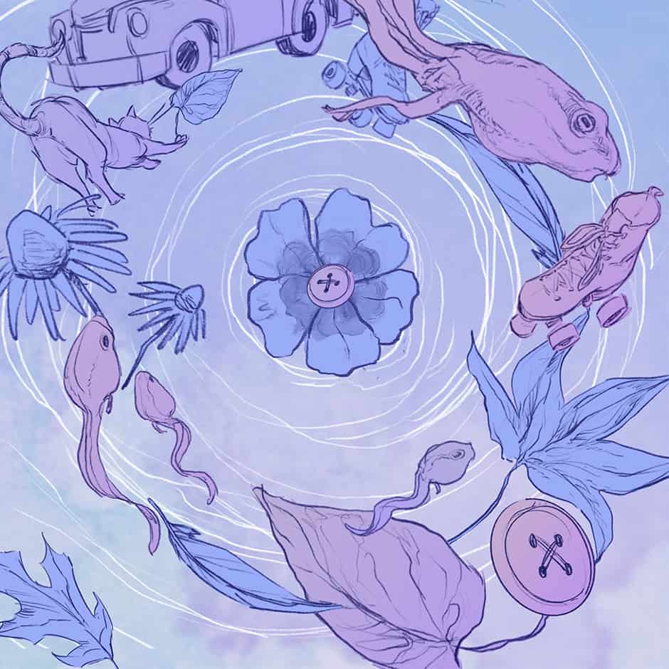 GreyQuill2022 A drawing of a frog, flowers, and a car.
